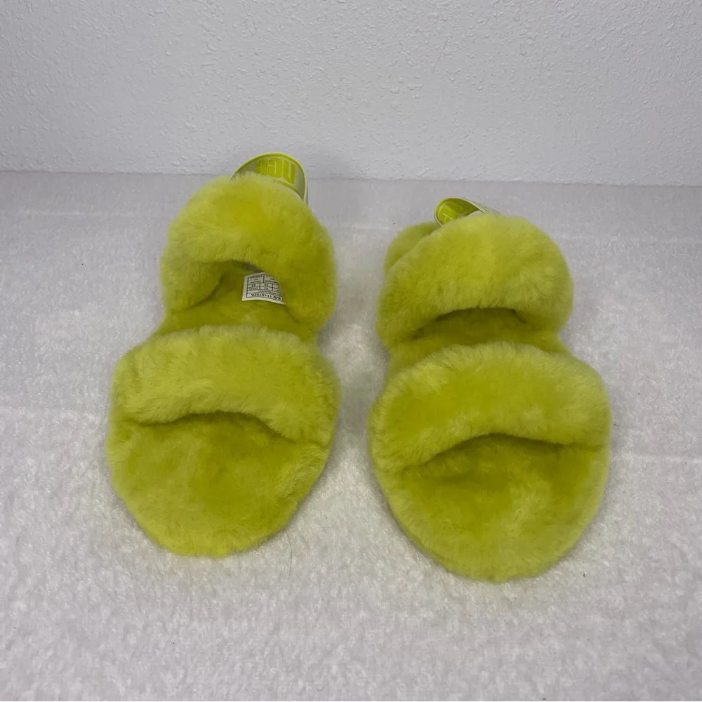 New UGG Oh Yeah Fluffy Slide Slipper in Neon Yellow / Green size 3